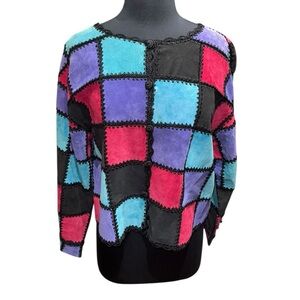 Vintage Suede Patchwork Boho Jacket M/L Jewel Sleeve Crochet Trim Fuchsia Teal